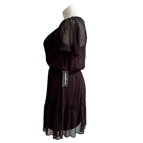 Karl Lagerfeld Paris NWT $129 Black Tiered Chiffon Dress Flutter Sleeves Size 14 - Picture 8 of 15